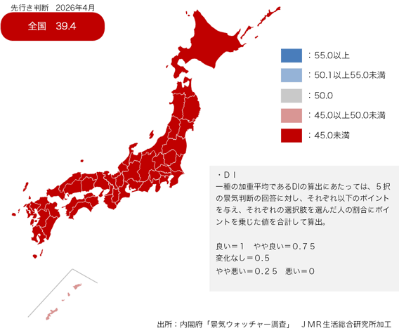 26年4月の「景気の先行き判断」は全ブロックで50ポイント割れに