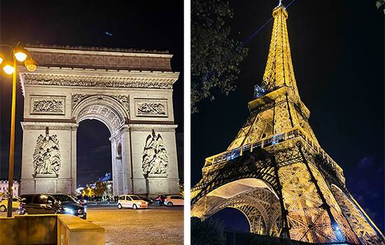 フランス・パリ　夜の凱旋門とエッフェル塔